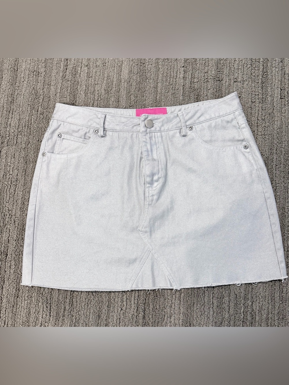 Pookie & Sebastian Silver Denim Mini Skirt with Front Seam and 5 pockets